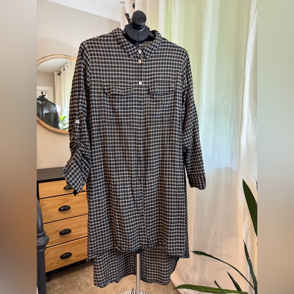 Cost Plus World Market Blue and Cream Plaid Top